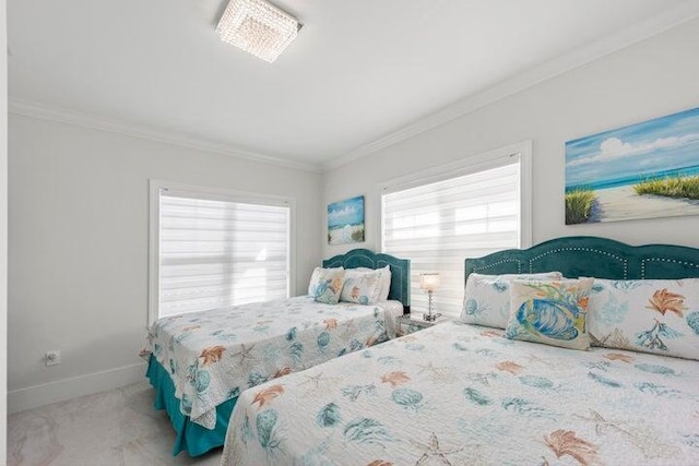 carpeted bedroom with crown molding