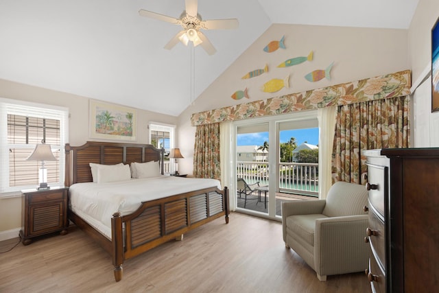 bedroom featuring high vaulted ceiling, access to exterior, ceiling fan, and light hardwood / wood-style flooring