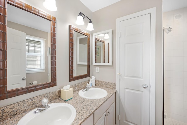 bathroom featuring a shower and vanity