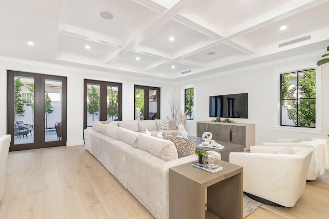 315 Avila Rd, West Palm Beach, FL 33405 - living area featuring french doors, coffered ceiling, light wood-style flooring, recessed lighting, and beamed ceiling