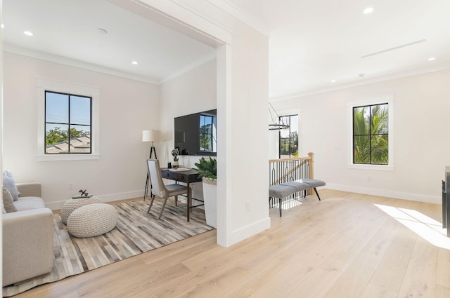 315 Avila Rd, West Palm Beach, FL 33405 - living area with light wood-type flooring, ornamental molding, and recessed lighting