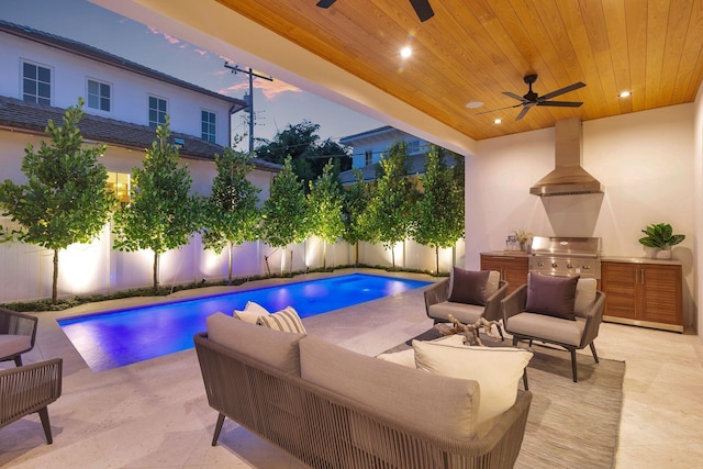 315 Avila Rd, West Palm Beach, FL 33405 - view of swimming pool featuring area for grilling, a ceiling fan, a fenced backyard, and a patio area