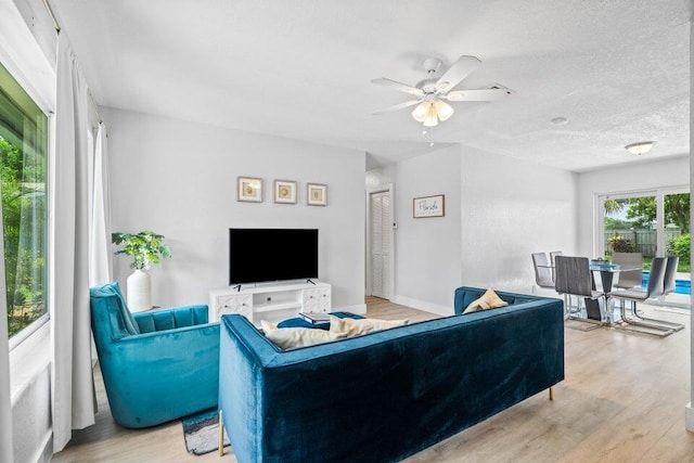 living room with ceiling fan, a textured ceiling, and light hardwood / wood-style flooring