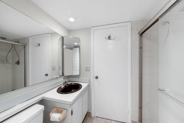 bathroom with vanity, toilet, and a shower with shower door