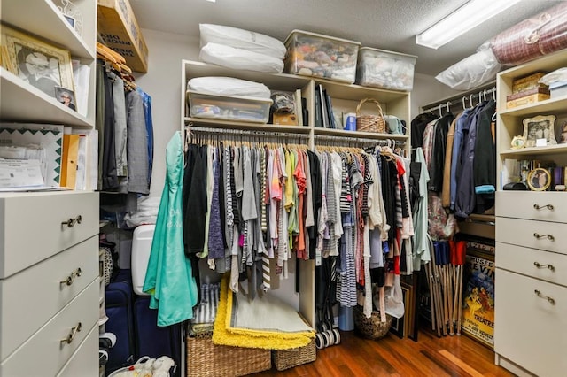 spacious closet with dark hardwood / wood-style floors