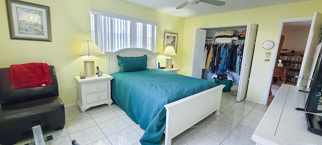 bedroom featuring ceiling fan and a closet