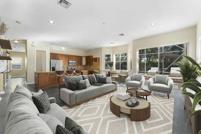 living room featuring light hardwood / wood-style floors and sink