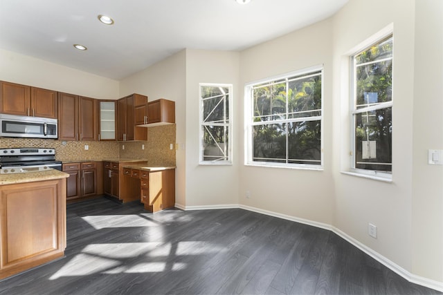 kitchen with decorative backsplash, appliances with stainless steel finishes, and dark hardwood / wood-style floors