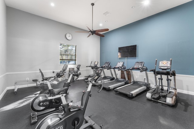 exercise room featuring ceiling fan