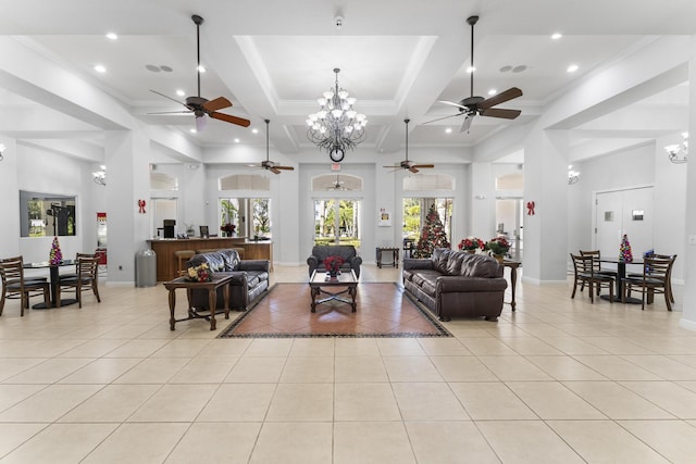 tiled living room featuring beamed ceiling, ceiling fan with notable chandelier, crown molding, and coffered ceiling