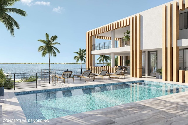 view of swimming pool with a patio and a water view