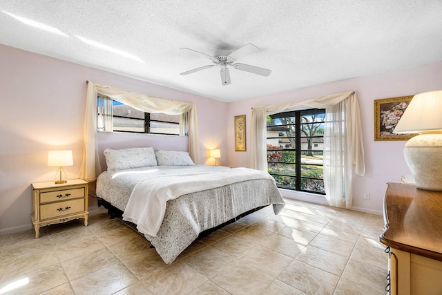 bedroom featuring a textured ceiling and ceiling fan