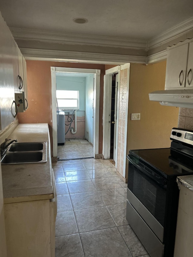 kitchen featuring ornamental molding, sink, and black range with electric cooktop