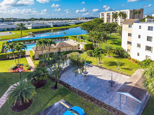 drone / aerial view with a water view