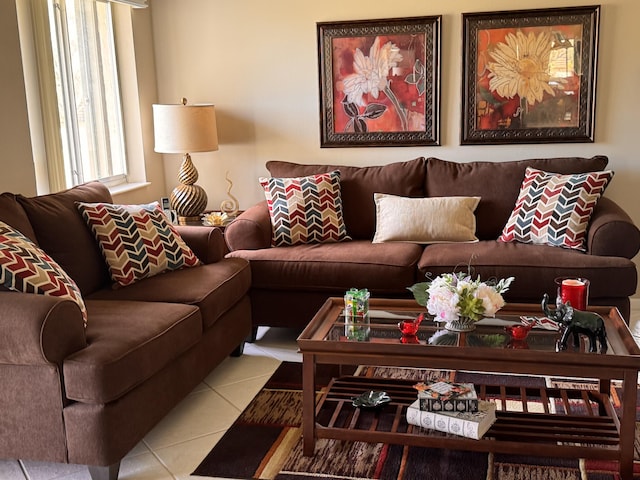 living room with light tile patterned flooring