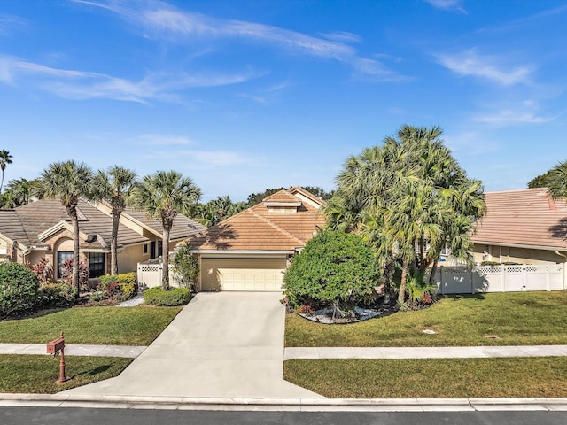 view of front of home featuring a front yard and a garage