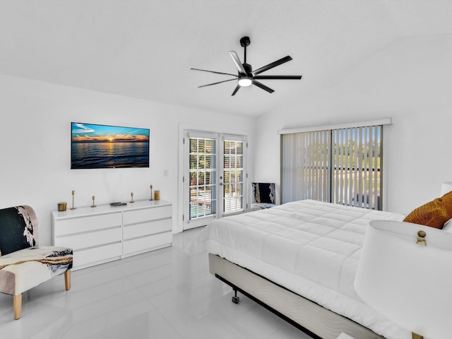 tiled bedroom with ceiling fan, access to exterior, french doors, and vaulted ceiling