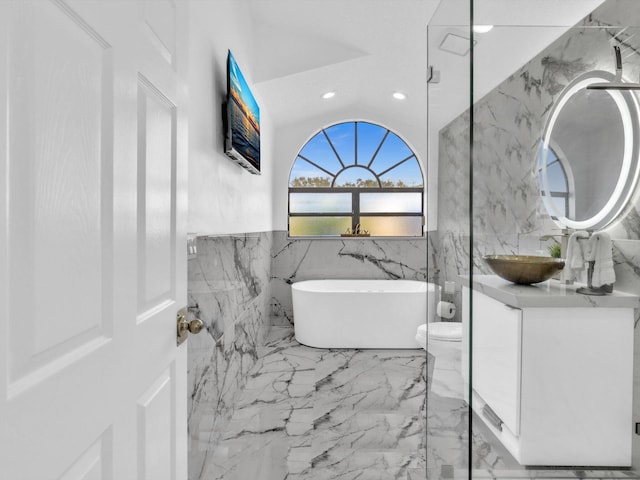 bathroom featuring a bathtub, toilet, tile walls, and vanity