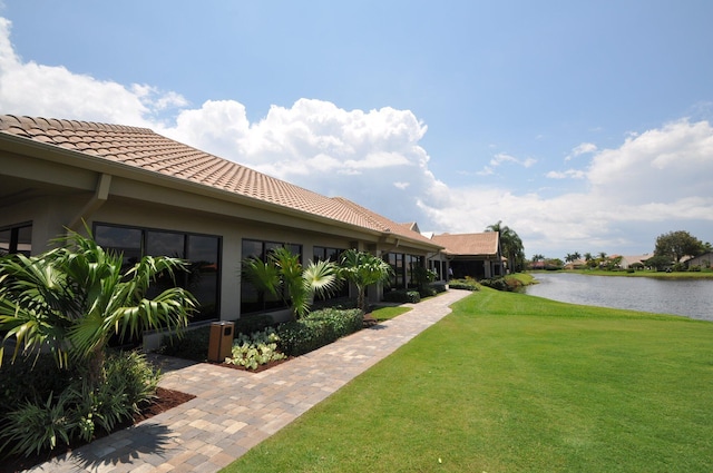 view of yard with a water view