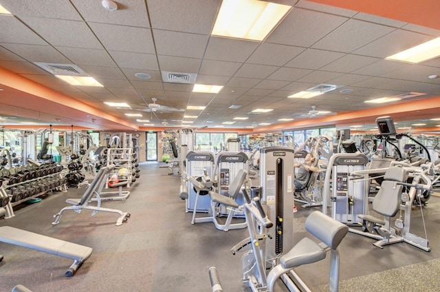 gym with a drop ceiling and ceiling fan