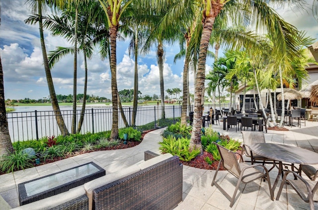 view of patio / terrace featuring a water view