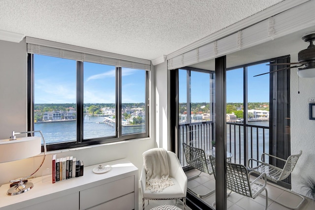 interior space with a water view and a healthy amount of sunlight