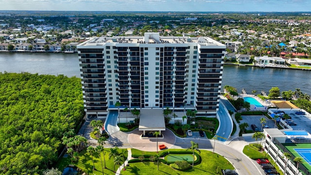 aerial view featuring a water view