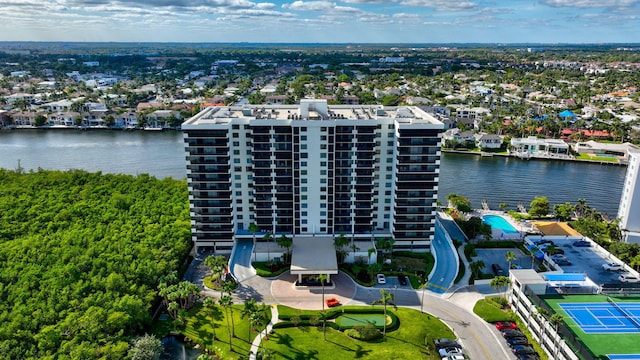 drone / aerial view featuring a water view