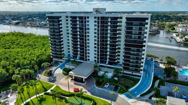 aerial view featuring a water view