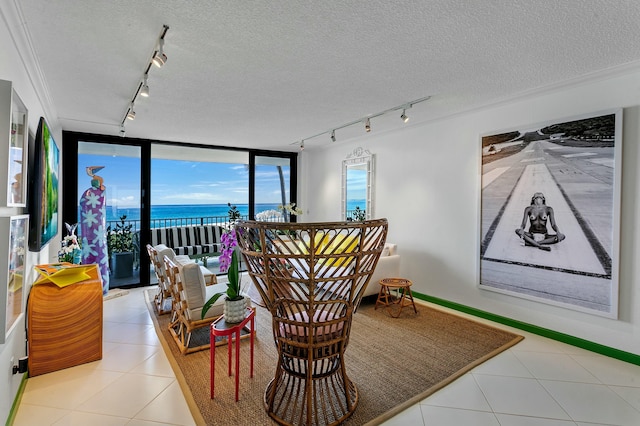 interior space with rail lighting, expansive windows, crown molding, a textured ceiling, and a water view