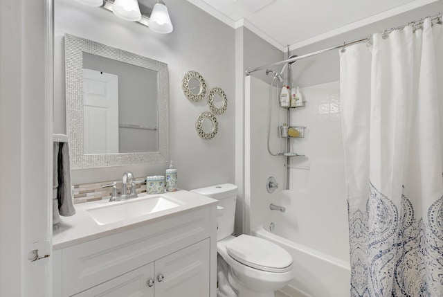 full bathroom with vanity, backsplash, crown molding, toilet, and shower / bath combo with shower curtain