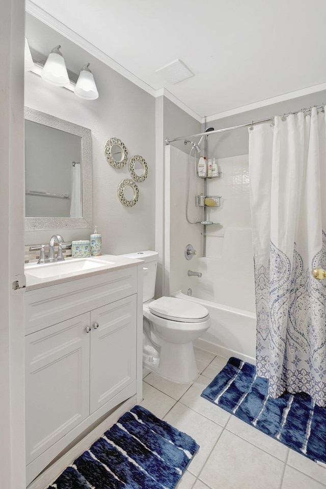 full bathroom with tile patterned flooring, crown molding, toilet, shower / tub combo with curtain, and vanity