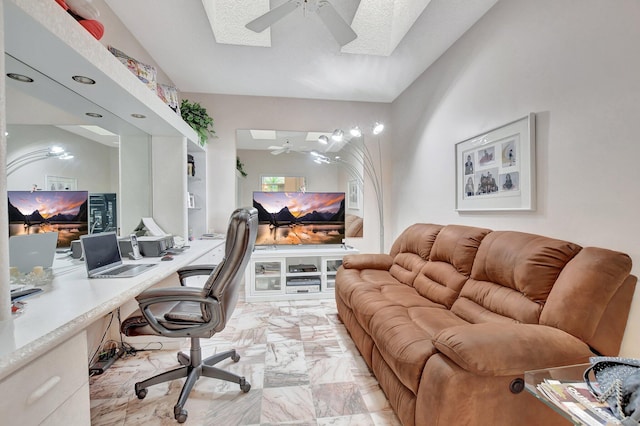 office featuring ceiling fan and vaulted ceiling