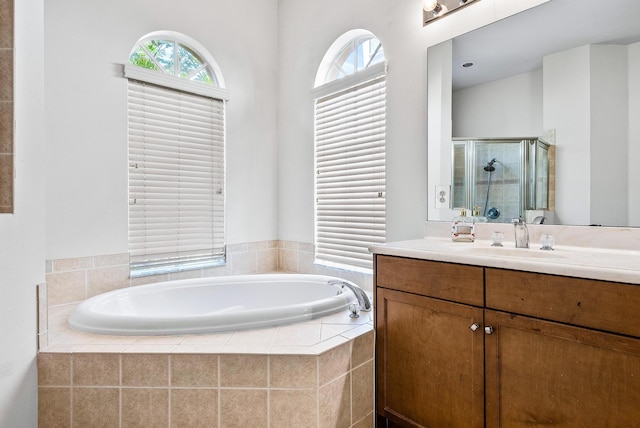 bathroom with plenty of natural light, vanity, and independent shower and bath