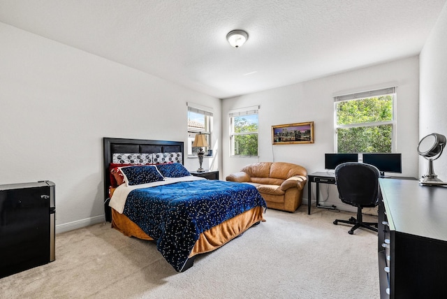 bedroom with light carpet, a textured ceiling, and multiple windows