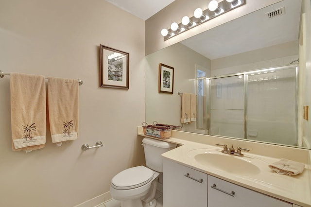 bathroom with tile patterned flooring, vanity, toilet, and a shower with door