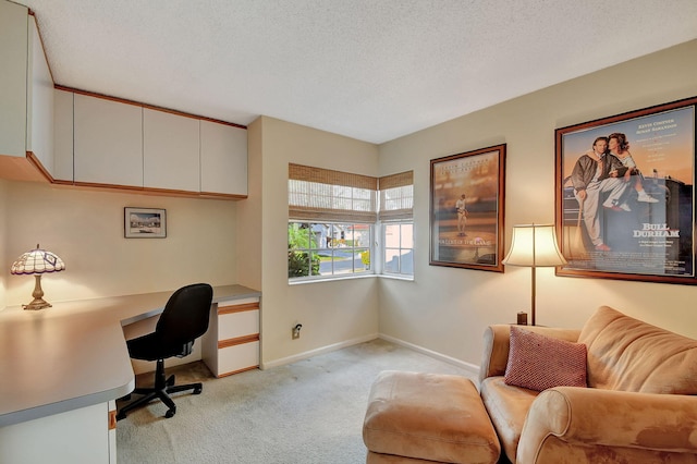 office space featuring light carpet and a textured ceiling