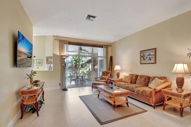 living room featuring a textured ceiling