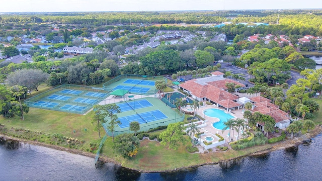 drone / aerial view featuring a water view