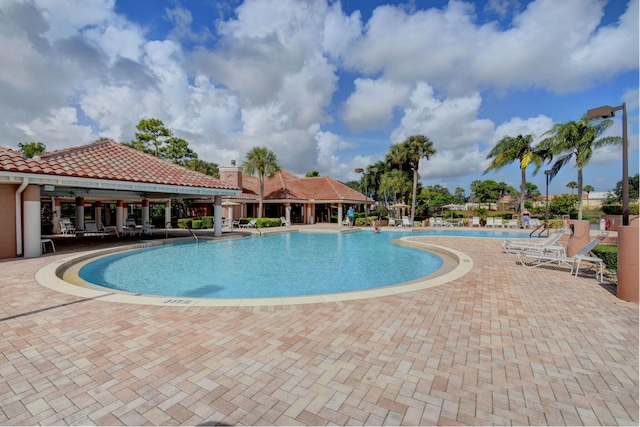 view of swimming pool with a patio