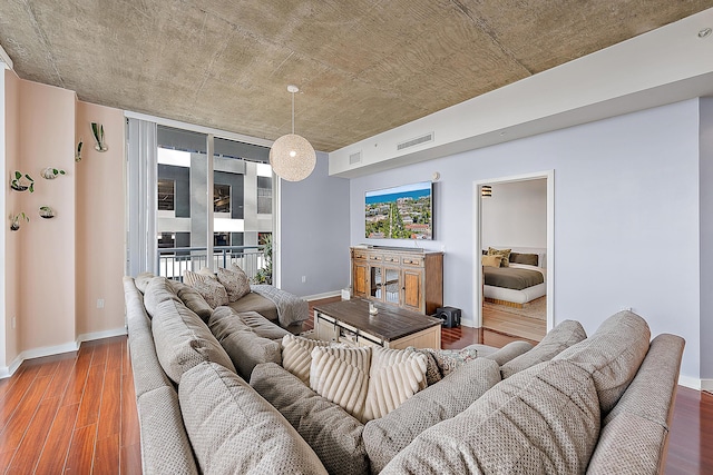 living room with dark hardwood / wood-style floors