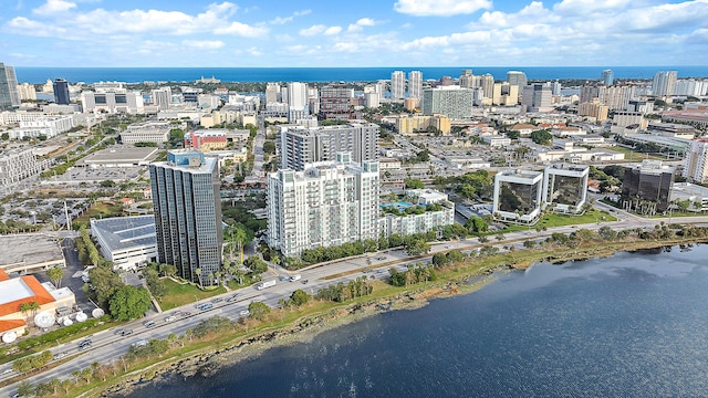 drone / aerial view with a water view