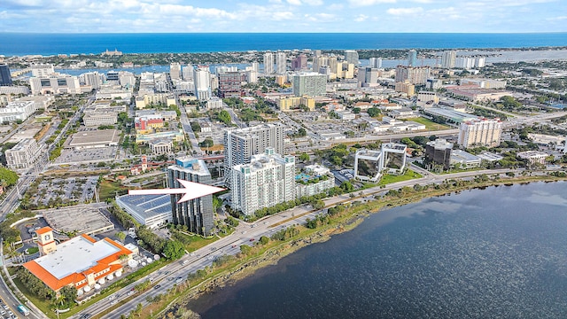 drone / aerial view with a water view