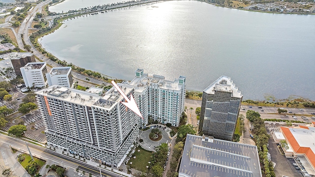 bird's eye view with a water view