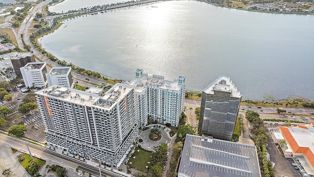 drone / aerial view with a water view