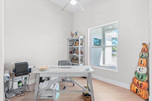 office area featuring light hardwood / wood-style floors and ceiling fan