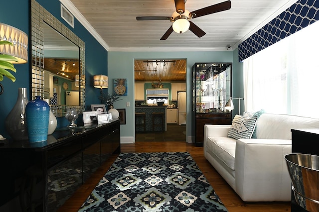 interior space featuring ornamental molding, dark hardwood / wood-style floors, ceiling fan, and wooden ceiling