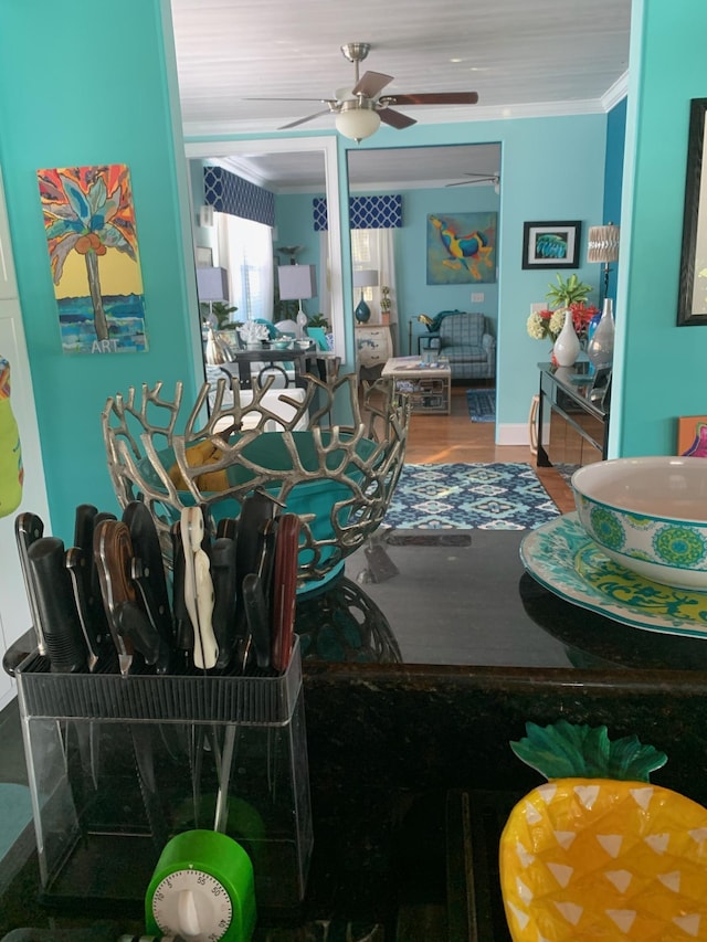 dining space featuring ceiling fan and ornamental molding