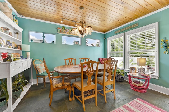 dining area with crown molding, wooden ceiling, and a notable chandelier