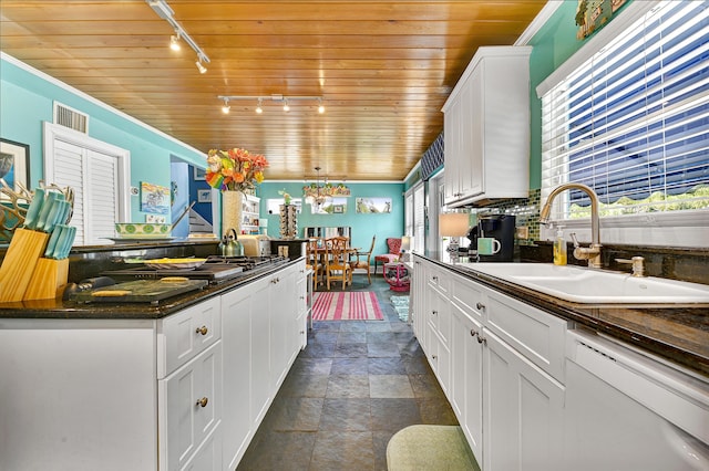 kitchen featuring white cabinetry, dishwasher, sink, track lighting, and wood ceiling